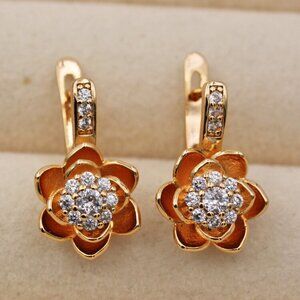 18K Yellow Gold Filled 3D Flower Diamond Zircon Earings Gorgeous Gift